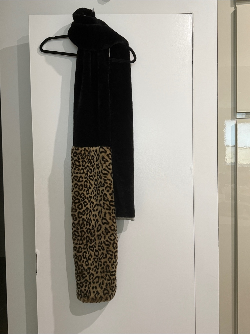 Faux Fur Leopard-Trim Scarf - Black & Leopard Print